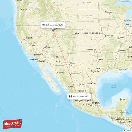 Guadalajara - Salt Lake City direct flight map