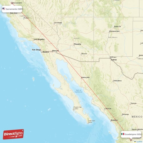 Guadalajara - Sacramento direct flight map