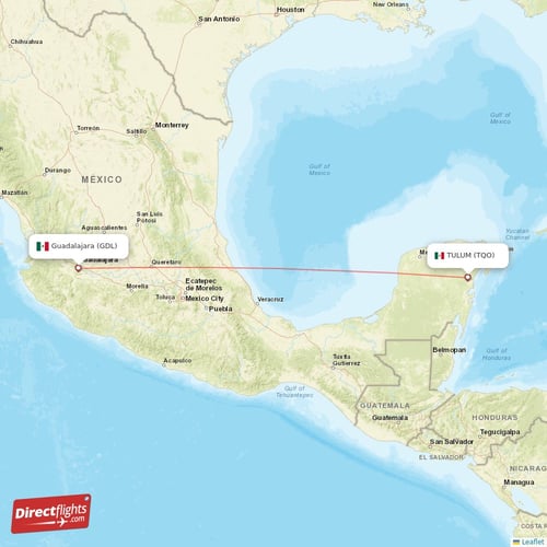 Guadalajara - TULUM direct flight map