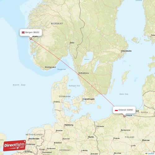 Gdansk - Bergen direct flight map