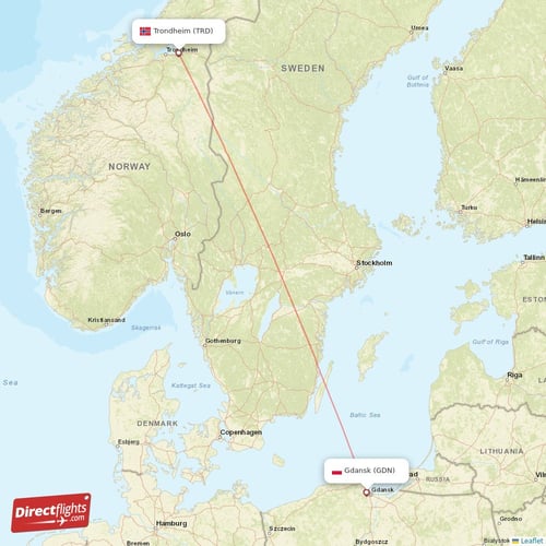Gdansk - Trondheim direct flight map