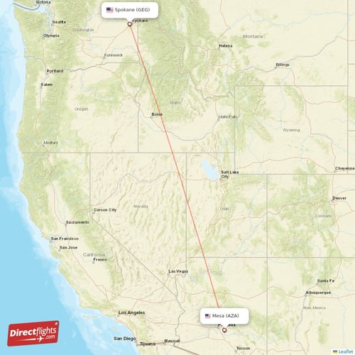 Spokane - Mesa direct flight map