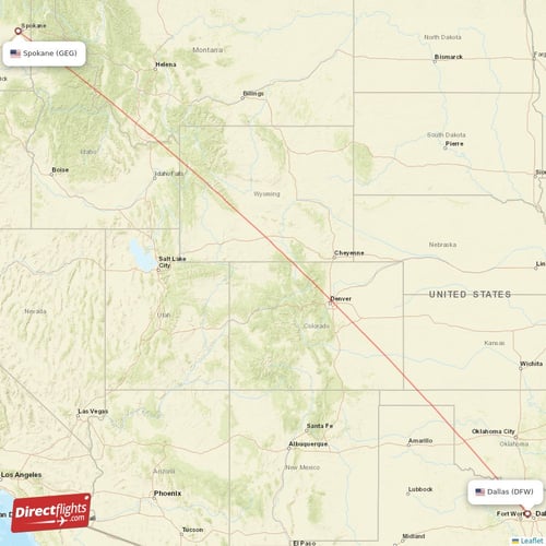 Spokane - Dallas direct flight map
