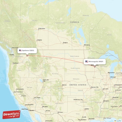 Spokane - Minneapolis direct flight map