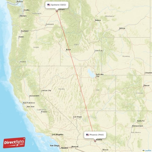 Spokane - Phoenix direct flight map