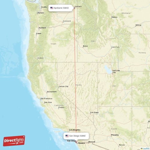 Spokane - San Diego direct flight map