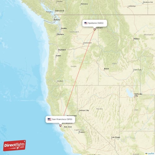 Spokane - San Francisco direct flight map