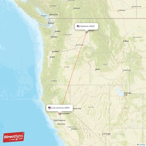Spokane - Sacramento direct flight map