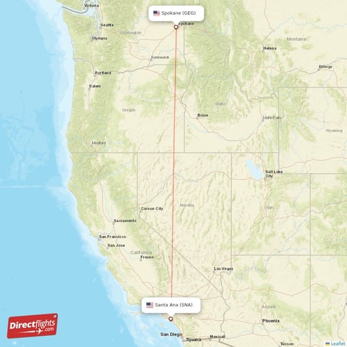 Spokane - Santa Ana direct flight map