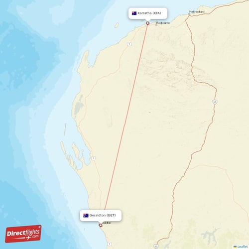 Geraldton - Karratha direct flight map