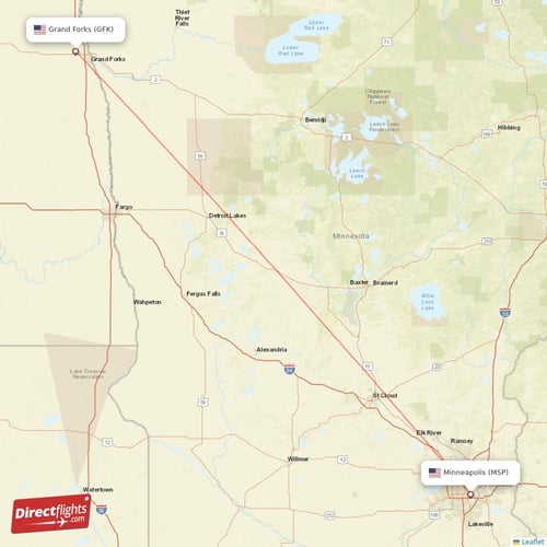 Grand Forks - Minneapolis direct flight map