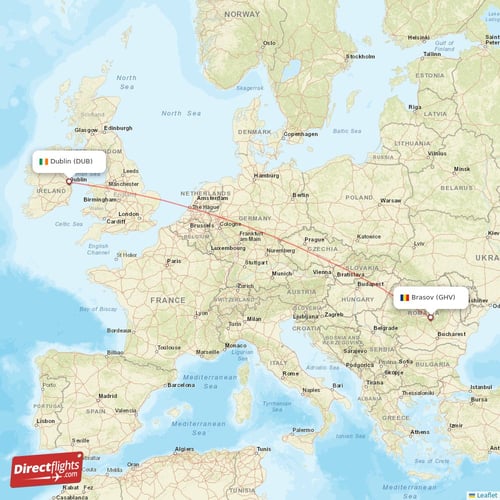 Brasov - Dublin direct flight map