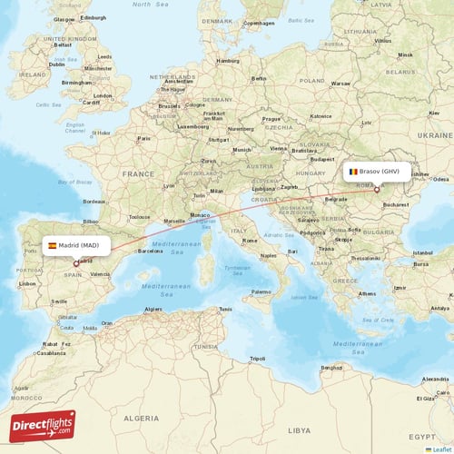 Brasov - Madrid direct flight map