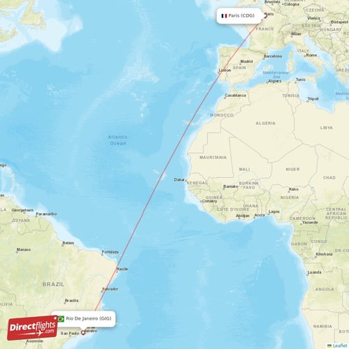 Rio De Janeiro - Paris direct flight map
