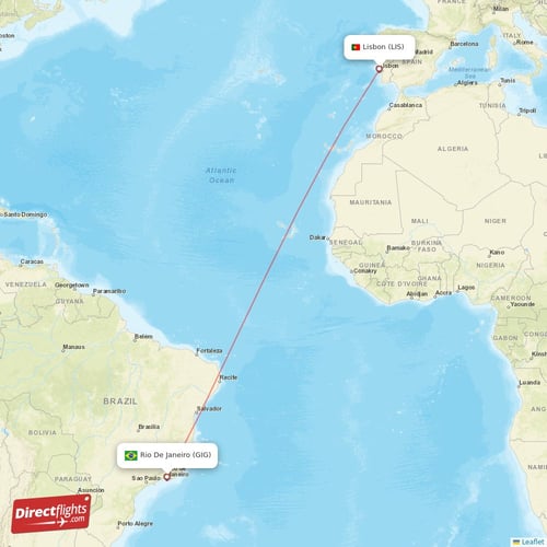 Rio De Janeiro - Lisbon direct flight map