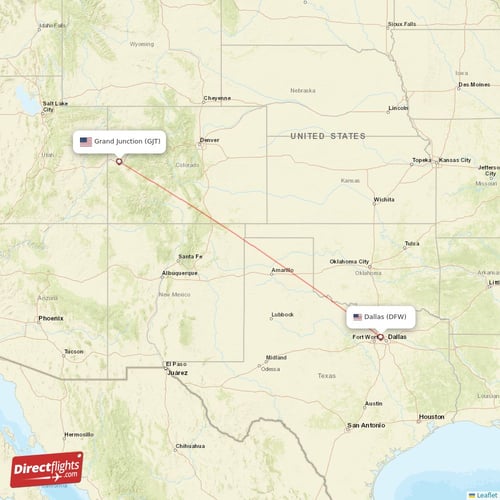 Grand Junction - Dallas direct flight map