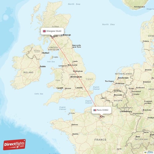 Glasgow - Paris direct flight map