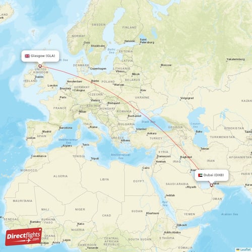 Glasgow - Dubai direct flight map