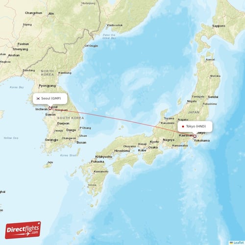 Seoul - Tokyo direct flight map