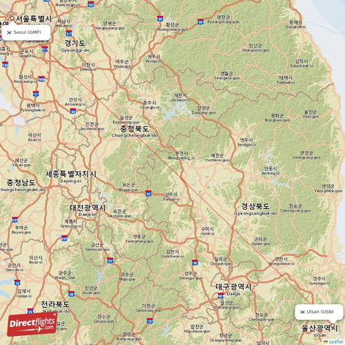 Seoul - Ulsan direct flight map