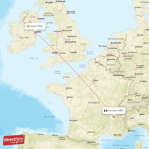 Grenoble - Dublin direct flight map