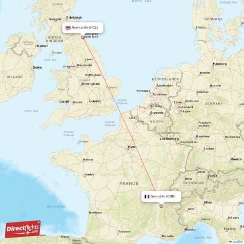 Grenoble - Newcastle direct flight map