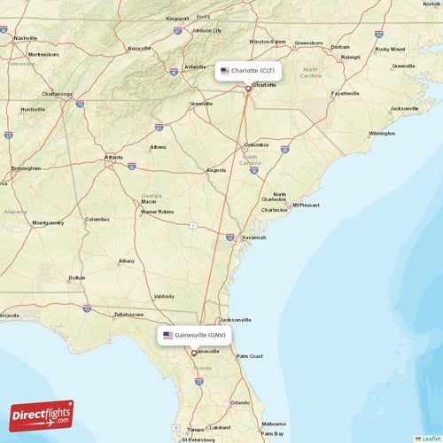 Gainesville - Charlotte direct flight map