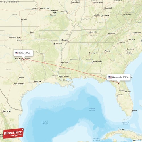 Gainesville - Dallas direct flight map