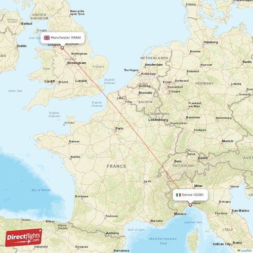 Genoa - Manchester direct flight map