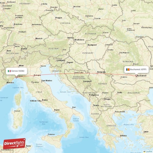 Genoa - Bucharest direct flight map