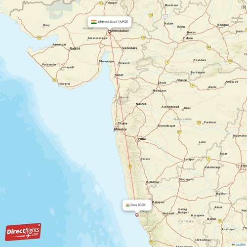 Goa - Ahmedabad direct flight map