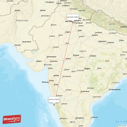 Goa - Delhi direct flight map