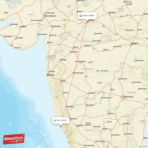Goa - Indore direct flight map
