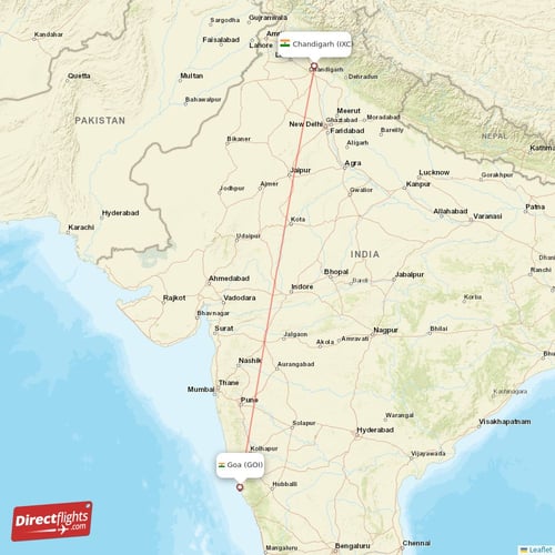 Goa - Chandigarh direct flight map
