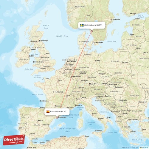 Gothenburg - Barcelona direct flight map
