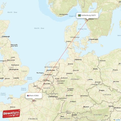 Gothenburg - Paris direct flight map