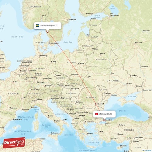 Gothenburg - Istanbul direct flight map