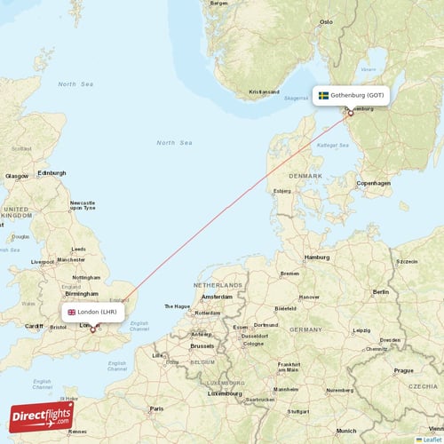 Gothenburg - London direct flight map