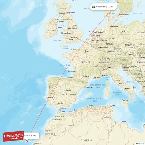 Gothenburg - Las Palmas direct flight map