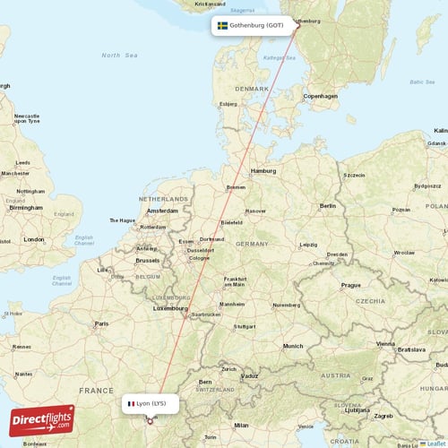 Gothenburg - Lyon direct flight map