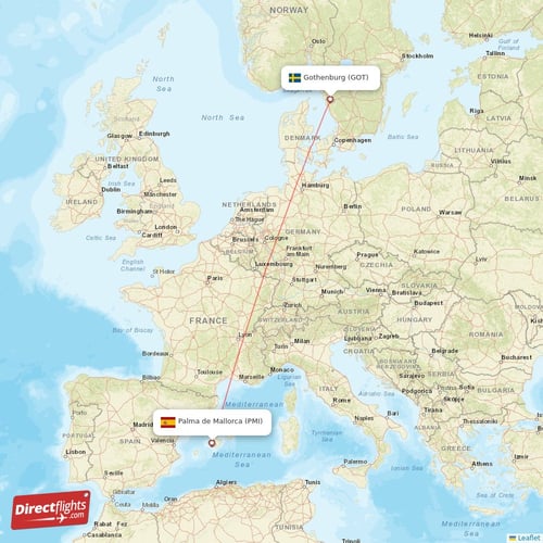 Gothenburg - Palma de Mallorca direct flight map