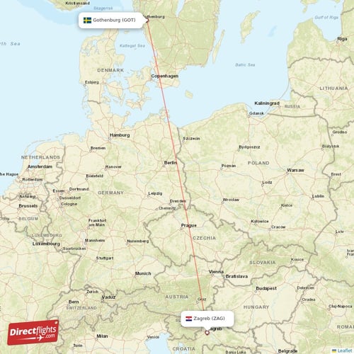 Gothenburg - Zagreb direct flight map