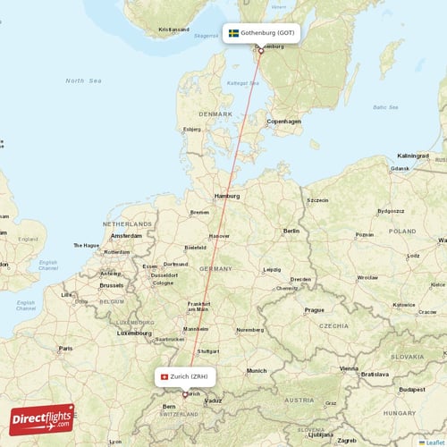 Gothenburg - Zurich direct flight map