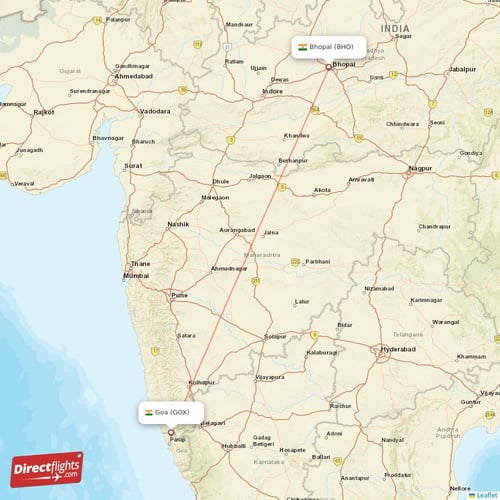 Goa - Bhopal direct flight map