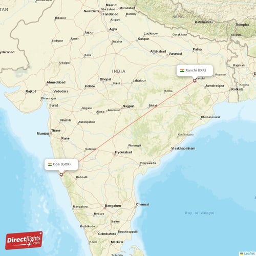 Goa - Ranchi direct flight map