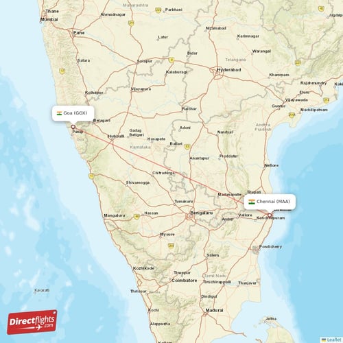 Goa - Chennai direct flight map