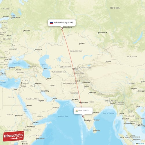 Goa - Yekaterinburg direct flight map