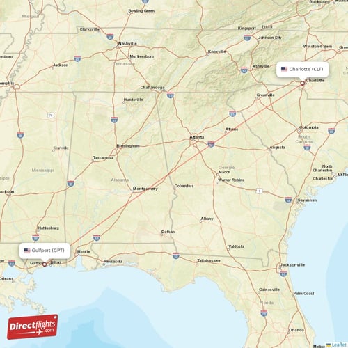 Gulfport - Charlotte direct flight map