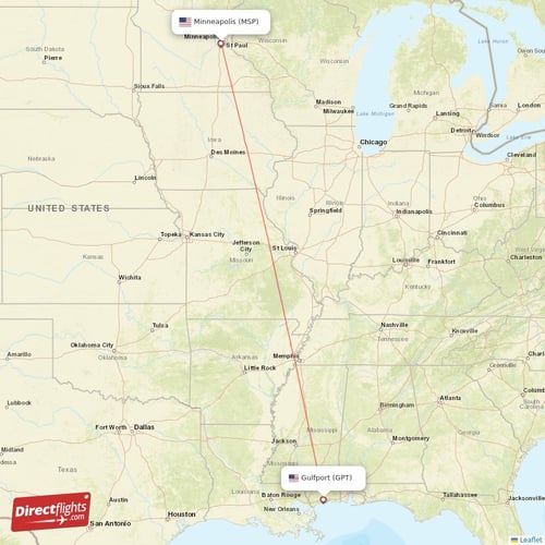 Gulfport - Minneapolis direct flight map