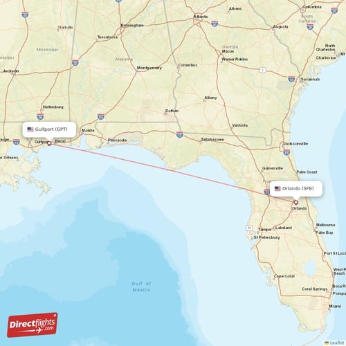 Gulfport - Orlando direct flight map
